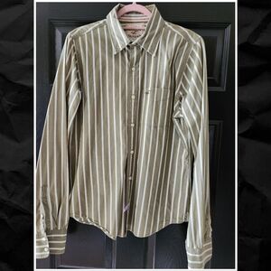 Hollister Olive Green White Striped Button Down Shirt Long Sleeve Size Medium